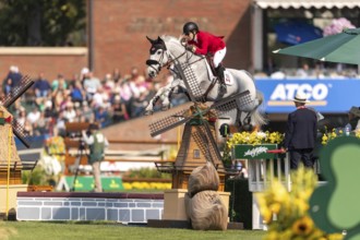 Susan Horn of Canada, riding, Dominka Van De Lucashoeve, competes in the first round of the 2025