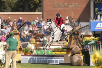 Katharina Rhomberg of Austria, riding Colestus Cambridge, competes in the first round of the 2025