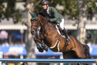 Daniel Coyle of Ireland, riding Legacy, competes in the first round of the 2025 BMO Nations Cup