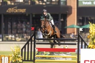 Daniel Coyle of Ireland, riding Legacy, competes in the first round of the 2025 BMO Nations Cup