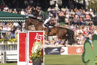 Daniel Coyle of Ireland, riding Legacy, competes in the first round of the 2025 BMO Nations Cup