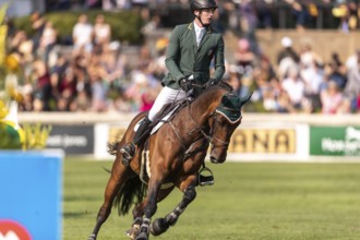 Daniel Coyle of Ireland, riding Legacy, competes in the first round of the 2025 BMO Nations Cup