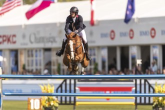 Kevin Staut of France, riding Queens Balou B, competes in the first round of the 2025 BMO Nations