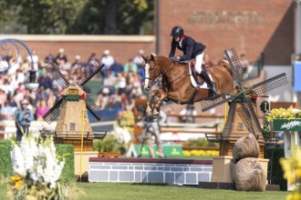 Kevin Staut of France, riding Queens Balou B, competes in the first round of the 2025 BMO Nations