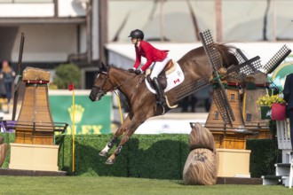 Tiffany Foster of Canada, riding Electrique, competes in the first round of the 2025 BMO Nations