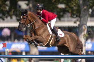 Tiffany Foster of Canada, riding Electrique, competes in the first round of the 2025 BMO Nations
