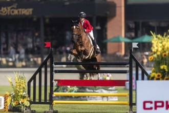 Tiffany Foster of Canada, riding Electrique, competes in the first round of the 2025 BMO Nations