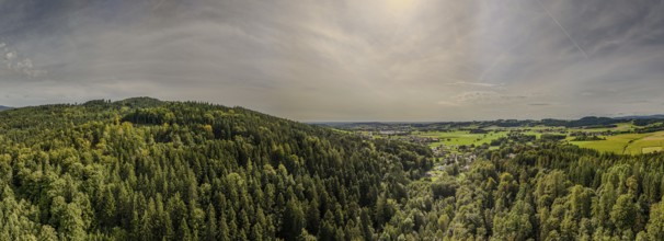 A sweeping view of dense forests and green fields in a quiet valley, lit up by the afternoon sun.