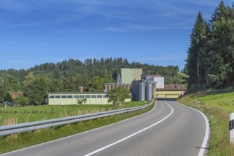 Blue sky, country road, mixed forest and factory with silo towers near Eglofs, Allgäu,