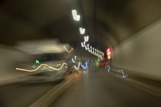 Blurred car lights, road tunnel near Isny, Allgäu, Baden-Württemberg, Germany