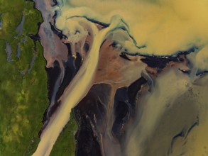 River, river course, river delta, branches, aerial view, wild river, summer, marshland, sediments,