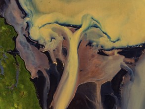 River, river course, river delta, branches, aerial view, wild river, summer, marshland, sediments,