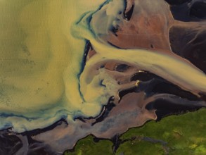 River, river course, river delta, branches, aerial view, wild river, summer, marshland, sediments,
