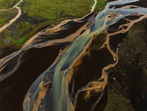 River, river course, river delta, branches, aerial view, wild river, summer, marshland, sediments,