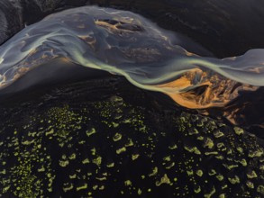 River, river course, river delta, branches, aerial view, wild river, summer, marshland, sediments,