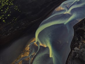 River, river course, river delta, branches, aerial view, wild river, summer, marshland, sediments,