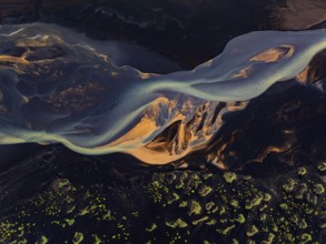 River, river course, river delta, branches, aerial view, wild river, summer, marshland, sediments,
