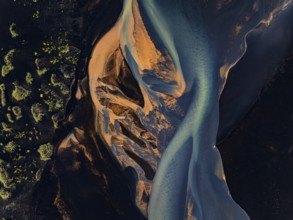 River, river course, river delta, branches, aerial view, wild river, summer, marshland, sediments,
