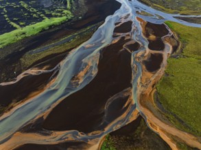 River, river course, river delta, branches, aerial view, wild river, summer, marshland, sediments,
