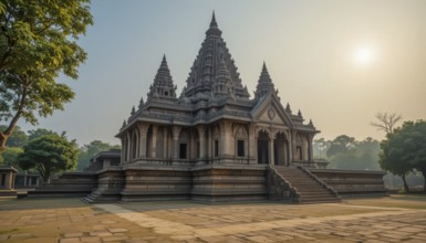 A majestic ancient temple stands proudly amidst a tranquil landscape, bathed in the warm glow of