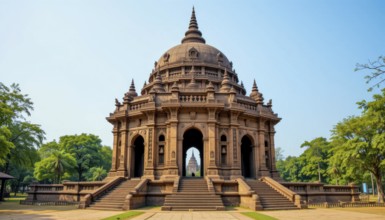 A stunning shot of a grand, ancient building with intricate details, set against a clear blue sky,