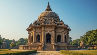 A majestic temple with intricate carvings and a large dome stands prominently against a clear blue