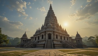 A grand, ancient temple stands majestically against a beautiful sunset, with intricate architecture