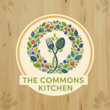 The Commons Kitchen logo is displayed with a fork and spoon design surrounded by leaves and