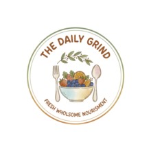 A watercolor-style logo for 'The Daily Grind' showcasing a bowl of blueberries, strawberries, and