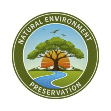 A circular logo design promoting natural environment preservation, featuring a tree, river,