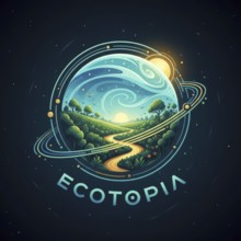 This artwork depicts a stylized planet with rolling hills, a winding road, and lush greenery, all