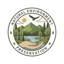 A circular emblem featuring a scenic landscape with mountains, a river, and a hand cradling the