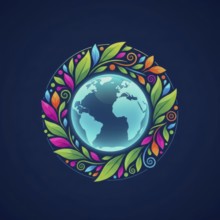 A vibrant illustration depicts the Earth encircled by a wreath of colorful leaves, symbolizing