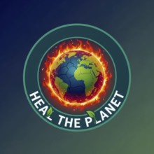 An illustration depicts the Earth engulfed in flames, symbolizing climate change, with the message