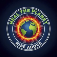 This image features a vibrant emblem with the words Heal the Planet and Rise Above surrounding a