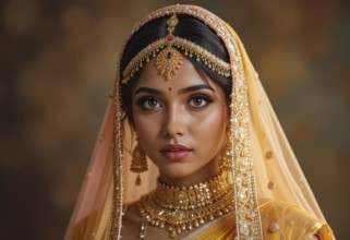 A stunning portrait of an Indian bride adorned in exquisite gold jewelry and a vibrant yellow sari,