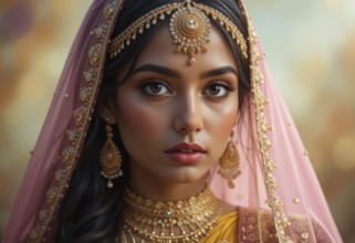 A stunning portrait of a young Indian woman adorned in exquisite gold jewelry and a pink veil,