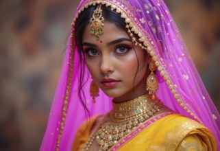 A stunning portrait of an Indian bride, showcasing her radiant beauty and intricate gold jewelry,