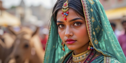 A stunning woman, adorned in vibrant green traditional Indian clothing and jewelry, exudes grace