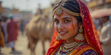 A stunning woman adorned in vibrant Indian clothing, including a red veil and ornate jewelry,