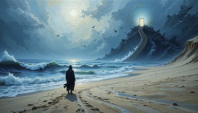 The image depicts a solitary figure on a beach, walking towards a mountain with a glowing door at