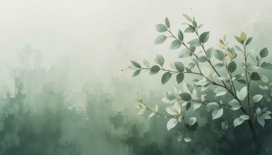 An artistic watercolor painting showcases delicate green leaves and branches against a soft,