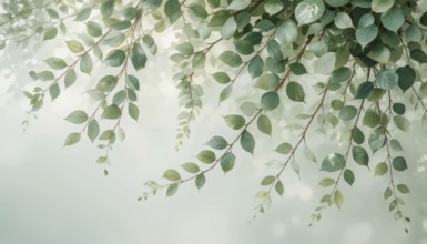 Branches laden with vibrant green leaves gently hang against a blurred, ethereal background. The