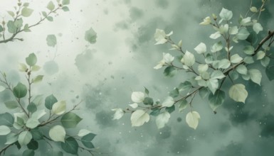 This watercolor artwork features elegant branches adorned with soft green leaves against a dreamy,