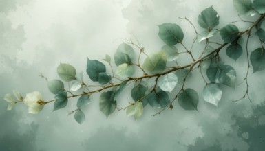 A delicate branch with various shades of green leaves is set against a dreamy, watercolor-textured