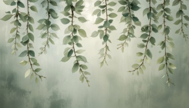 Delicate watercolor painting showcasing hanging leaves with a soft, blurred background, creating a