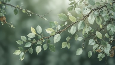 Close-up of tree branches with fresh green leaves, creating a peaceful and natural scene. The soft