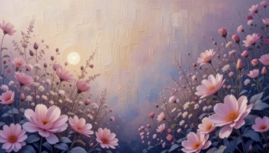 A beautiful painting showcases a field of pink flowers under a soft, warm sun. The artwork evokes a