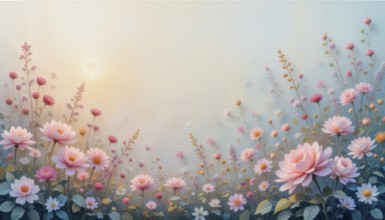 A beautiful painting-like image of a garden filled with delicate pink flowers, creating a peaceful