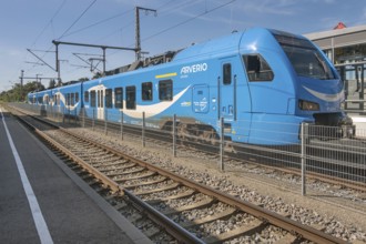 Regional railway, blue Arverio train, Kisslegg, Allgäu, Baden-Württemberg, Germany